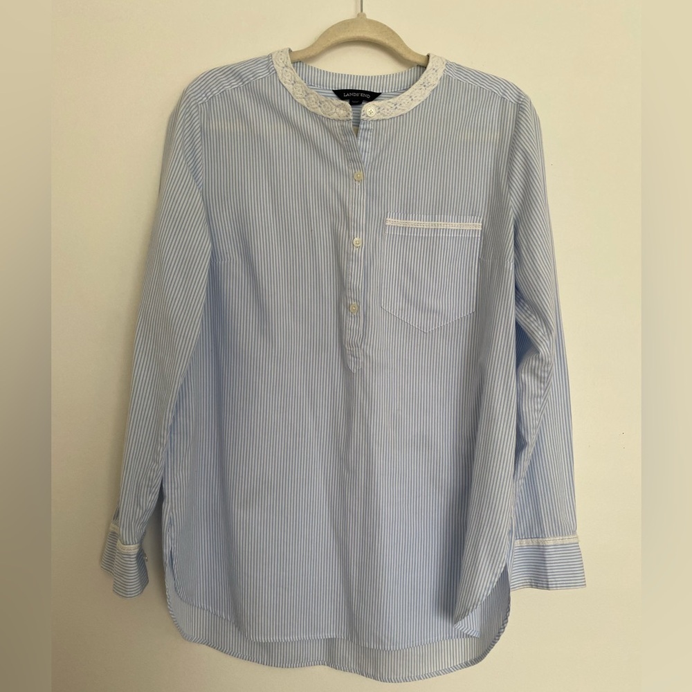Lands End Women’s‎ Henley Tunic Shirt 12 Blue Stripes Nautical Coastal Lace